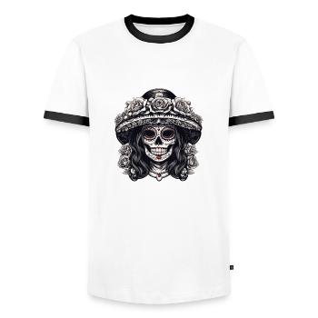 La Catrina/ Tattoo / Mexico / Skull / Skull - Men's Ringer Shirt - white/black - Front - AI Model Female 172 light (172cm) & AI Model Male 178 dark (178cm)