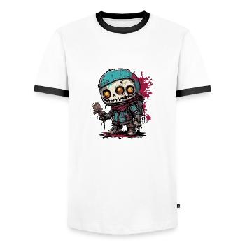 Poupée d’horreur / Halloween / Effrayant / Sombre - T-shirt contrasté Homme - blanc/noir - Devant - AI Model Female 172 light (172cm) & AI Model Male 178 dark (178cm)