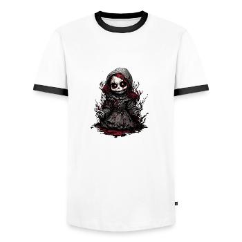 Poupée d’horreur / Halloween / Effrayant / Sombre - T-shirt contrasté Homme - blanc/noir - Devant - AI Model Female 172 light (172cm) & AI Model Male 178 dark (178cm)