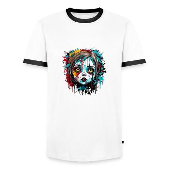 Horror Doll / Halloween / Creepy / Dark - Men's Ringer Shirt - white/black - Front - AI Model Female 172 light (172cm) & AI Model Male 178 dark (178cm)