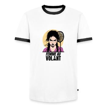 ATTENTION, FEMME AU VOLANT ! (badminton) - T-shirt contrasté Homme - blanc/noir - Devant - AI Model Female 172 light (172cm) & AI Model Male 178 dark (178cm)