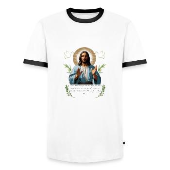 "Serene Jesus - T-shirt minimaliste de la foi chrétienne - T-shirt contrasté Homme - blanc/noir - Devant - AI Model Female 172 light (172cm) & AI Model Male 178 dark (178cm)
