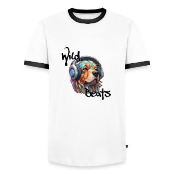 Headphones / Audio / Music / Sound / Cool - Men's Ringer Shirt - white/black - Front - AI Model Female 172 light (172cm) & AI Model Male 178 dark (178cm)