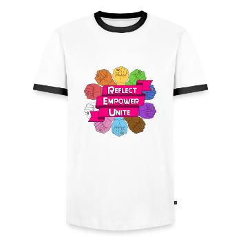 reflect empower unite - Männer Kontrast-T-Shirt - Weiß/Schwarz - Vorne - AI Model Female 172 light (172cm) & AI Model Male 178 dark (178cm)