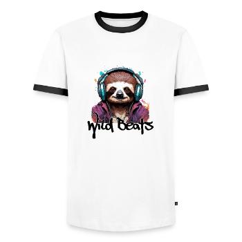 Headphones / Audio / Music / Sound / Cool - Men's Ringer Shirt - white/black - Front - AI Model Female 172 light (172cm) & AI Model Male 178 dark (178cm)