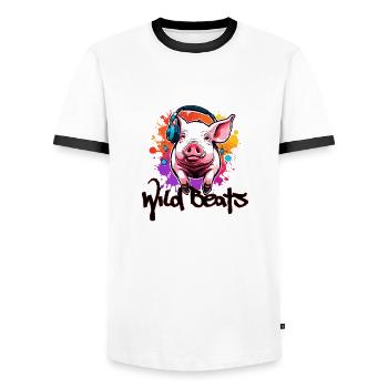 Headphones / Audio / Music / Sound / Cool - Men's Ringer Shirt - white/black - Front - AI Model Female 172 light (172cm) & AI Model Male 178 dark (178cm)