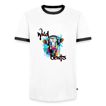 Headphones / Audio / Music / Sound / Cool - Men's Ringer Shirt - white/black - Front - AI Model Female 172 light (172cm) & AI Model Male 178 dark (178cm)