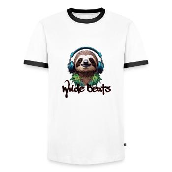 Headphones / Audio / Music / Sound / Cool - Men's Ringer Shirt - white/black - Front - AI Model Female 172 light (172cm) & AI Model Male 178 dark (178cm)