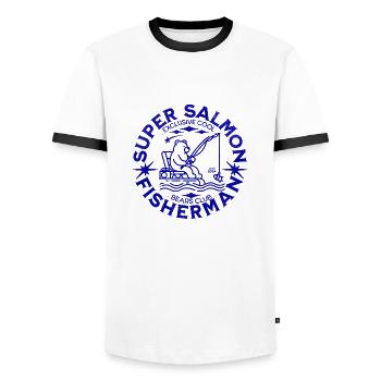 Humor Dad Fishing Bear Super Salmon Fisherman - Men's Ringer Shirt - white/black - Front - AI Model Female 172 light (172cm) & AI Model Male 178 dark (178cm)