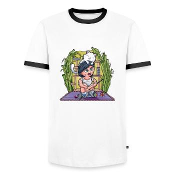 Girl / woman with her cat - Men's Ringer Shirt - white/black - Front - AI Model Female 172 light (172cm) & AI Model Male 178 dark (178cm)