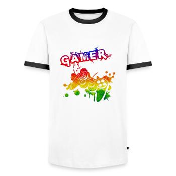 Gamer Game Play Online Computer Gaming Arcade Neon - Men's Ringer Shirt - white/black - Front - AI Model Female 172 light (172cm) & AI Model Male 178 dark (178cm)