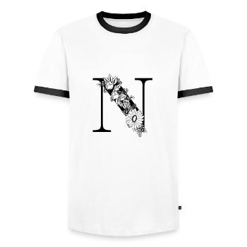 Black and white floral letter n - Men's Ringer Shirt - white/black - Front - AI Model Female 172 light (172cm) & AI Model Male 178 dark (178cm)