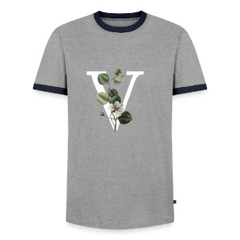 Green Botanical Letter V - Men's Ringer Shirt - grey/navy  - Front - AI Model Female 172 light (172cm) & AI Model Male 178 light (178cm)