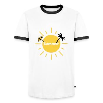 Soleil d'été palmier et parasol - T-shirt contrasté Homme - blanc/noir - Devant - AI Model Female 172 light (172cm) & AI Model Male 178 dark (178cm)