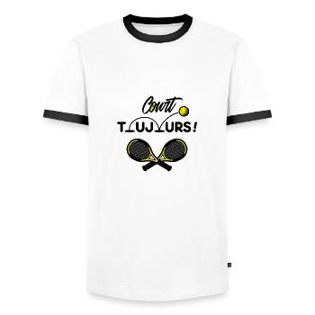 COURT TOUJOURS ! (tennis) - T-shirt contrasté Homme - blanc/noir - Devant - AI Model Female 172 light (172cm) & AI Model Male 178 dark (178cm)