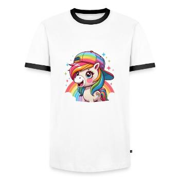 Cute Rainbow Pony with Cap - Men's Ringer Shirt - white/black - Front - AI Model Female 172 light (172cm) & AI Model Male 178 dark (178cm)