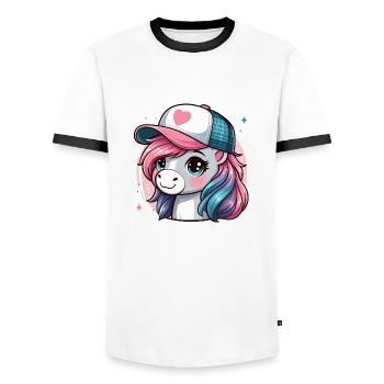 Süße rosa Pony Mähne hat Kappe - Männer Kontrast-T-Shirt - Weiß/Schwarz - Vorne - AI Model Female 172 light (172cm) & AI Model Male 178 dark (178cm)