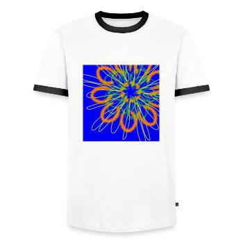 Abstract flower on blue background - Men's Ringer Shirt - white/black - Front - AI Model Female 172 light (172cm) & AI Model Male 178 dark (178cm)