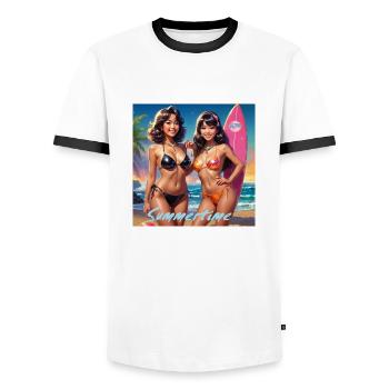 Das Bild zeigt drei Skelette, die auf farbenfrohen - Männer Kontrast-T-Shirt - Weiß/Schwarz - Vorne - AI Model Female 172 light (172cm) & AI Model Male 178 dark (178cm)