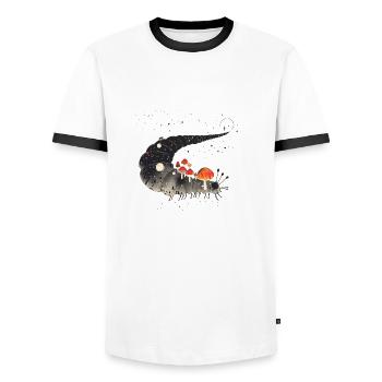 Surreal Caterpillar with Toadstools - Forest Motif - Men's Ringer Shirt - white/black - Front - AI Model Female 172 light (172cm) & AI Model Male 178 dark (178cm)