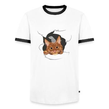 Cat and grey mouse peeks through a broken wall - Men's Ringer Shirt - white/black - Front - AI Model Female 172 light (172cm) & AI Model Male 178 dark (178cm)