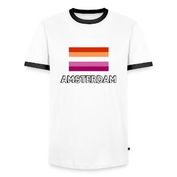 Drapeau de la fierté lesbienne d’Amsterdam - T-shirt contrasté Homme - blanc/noir - Devant - AI Model Female 172 light (172cm) & AI Model Male 178 dark (178cm)