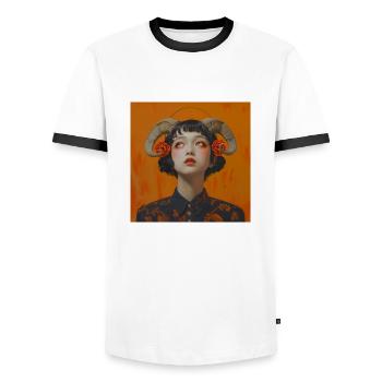 Portrait de jeune fille japonaise - T-shirt contrasté Homme - blanc/noir - Devant - AI Model Female 172 light (172cm) & AI Model Male 178 dark (178cm)
