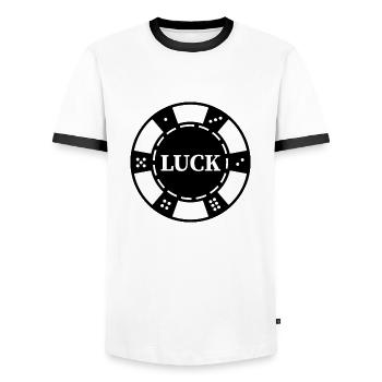 "LUCK" Casino-Chip - Black Chip for Poker player - Men's Ringer Shirt - white/black - Front - AI Model Female 172 light (172cm) & AI Model Male 178 dark (178cm)