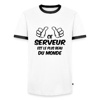 BEST SERVER - Men's Ringer Shirt - white/black - Front - AI Model Female 172 light (172cm) & AI Model Male 178 dark (178cm)