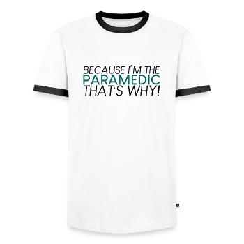 Parce que je suis l’ambulancier, c’est pourquoi 2 - T-shirt contrasté Homme - blanc/noir - Devant - AI Model Female 172 light (172cm) & AI Model Male 178 dark (178cm)