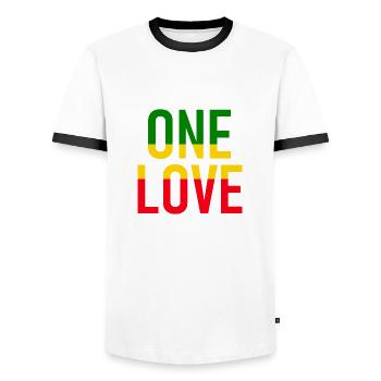 ONE LOVE - Reggae Music - Musik - Männer Kontrast-T-Shirt - Weiß/Schwarz - Vorne - AI Model Female 172 light (172cm) & AI Model Male 178 dark (178cm)