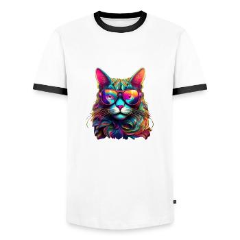 Cool Cat - Neon Vibes - Männer Kontrast-T-Shirt - Weiß/Schwarz - Vorne - AI Model Female 172 light (172cm) & AI Model Male 178 dark (178cm)