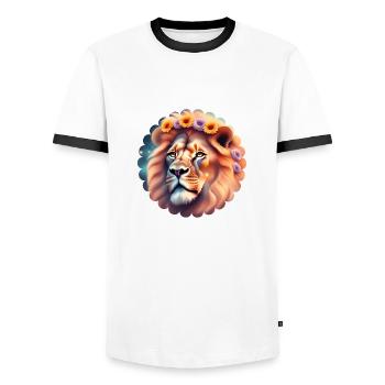 A lion's head with flowers - Men's Ringer Shirt - white/black - Front - AI Model Female 172 light (172cm) & AI Model Male 178 dark (178cm)