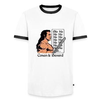 BARBARE BAVARD ! (film, musculation, cinema) - T-shirt contrasté Homme - blanc/noir - Devant - AI Model Female 172 light (172cm) & AI Model Male 178 dark (178cm)