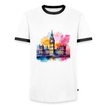 Big Ben Watercolour Splash Art - Men's Ringer Shirt - white/black - Front - AI Model Female 172 light (172cm) & AI Model Male 178 dark (178cm)