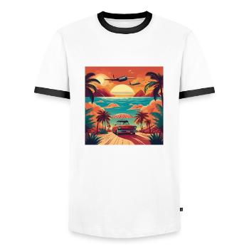 Vintage Beach Sunset with Red Car and Planes - Men's Ringer Shirt - white/black - Front - AI Model Female 172 light (172cm) & AI Model Male 178 dark (178cm)
