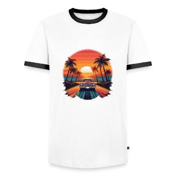 Retro Car Palm Sunset – Vintage Beach Drive Art - Men's Ringer Shirt - white/black - Front - AI Model Female 172 light (172cm) & AI Model Male 178 dark (178cm)