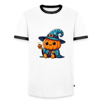 Mignon Magicien Citrouille d'halloween - T-shirt contrasté Homme - blanc/noir - Devant - AI Model Female 172 light (172cm) & AI Model Male 178 dark (178cm)