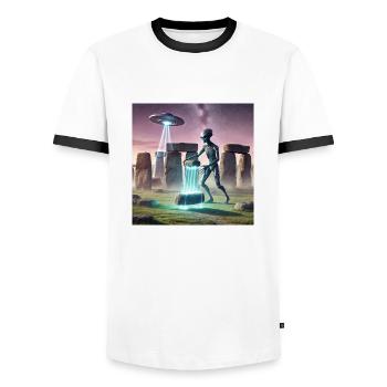 Alien builds Stonehenge - Men's Ringer Shirt - white/black - Front - AI Model Female 172 light (172cm) & AI Model Male 178 dark (178cm)