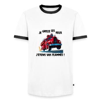 JE GRILLE LES FEUX, J'ÉTEINS VOS FLAMMES ! pompier - T-shirt contrasté Homme - blanc/noir - Devant - AI Model Female 172 light (172cm) & AI Model Male 178 dark (178cm)