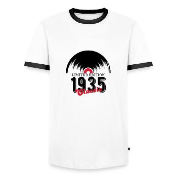 Limited edition 1935 Classic vinyl - Men's Ringer Shirt - white/black - Front - AI Model Female 172 light (172cm) & AI Model Male 178 dark (178cm)