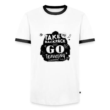 "Take your backpack and go traveling" noir - T-shirt contrasté Homme - blanc/noir - Devant - AI Model Female 172 light (172cm) & AI Model Male 178 dark (178cm)