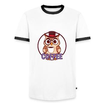 Adorable Owl Coffee Lovers Illustration - Men's Ringer Shirt - white/black - Front - AI Model Female 172 light (172cm) & AI Model Male 178 dark (178cm)