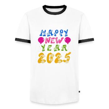 Happy New Year 2025 - Men's Ringer Shirt - white/black - Front - AI Model Female 172 light (172cm) & AI Model Male 178 dark (178cm)