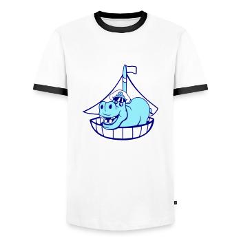 Lustiges Nilpferd Kapitän Segelt Süß Cartoon Comic - Männer Kontrast-T-Shirt - Weiß/Schwarz - Vorne - AI Model Female 172 light (172cm) & AI Model Male 178 dark (178cm)