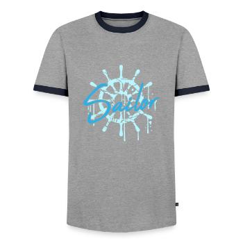 Sailor Ship Steering Wheel Graffiti Drop Sailing - Men's Ringer Shirt - grey/navy  - Front - AI Model Female 172 light (172cm) & AI Model Male 178 light (178cm)