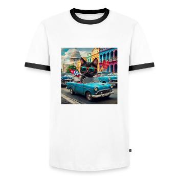 Chat en tournée - J’adore Cuba ! -La Havane - T-shirt contrasté Homme - blanc/noir - Devant - AI Model Female 172 light (172cm) & AI Model Male 178 dark (178cm)