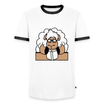 Sheep Nerd Geek Book Reading Nerd Horn-Rimmed Glasses Desk - Men's Ringer Shirt - white/black - Front - AI Model Female 172 light (172cm) & AI Model Male 178 dark (178cm)