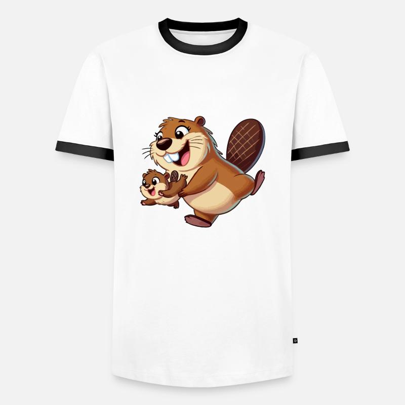 Bibermutter mit herumtollendem Kind - Männer Kontrast-T-Shirt - Weiß/Schwarz