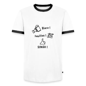 BIÈRE, FEUILLES, SCHIZO !(chifoumi,pierre,ciseaux) - T-shirt contrasté Homme - blanc/noir - Devant - AI Model Female 172 light (172cm) & AI Model Male 178 dark (178cm)